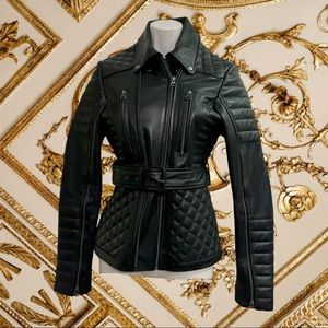 Quilted Puffer Leather Belt Moto Motorcycle Jacket